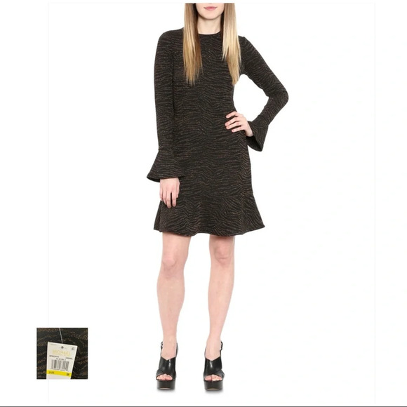 MICHAEL KORS NWT Caramel Print Flounce Trim Dress - Picture 1 of 15